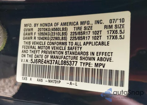 2010 Honda Cr-V Lx из США, поврежденный, VIN 5J6RE4H37AL085377